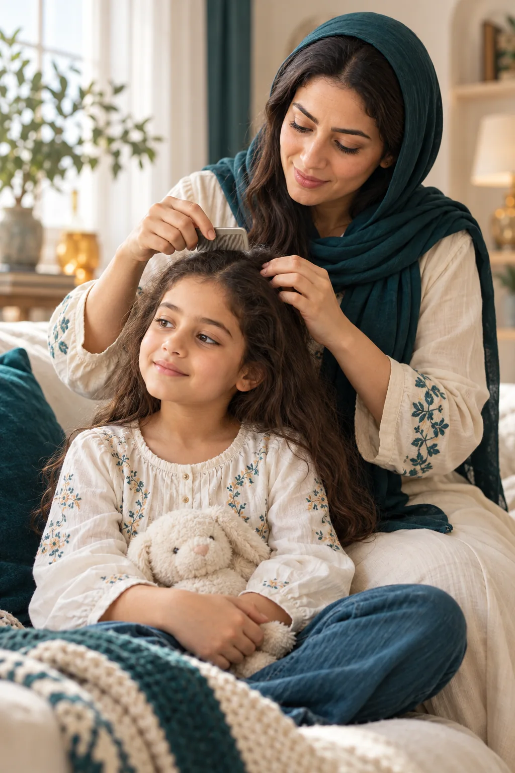 أم تفحص شعر طفلتها بهدوء باستخدام مشط دقيق